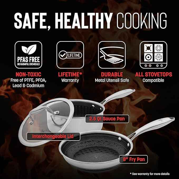 Hell's Kitchen Hybrid 3 Piece Set, 8-inch Frying Pan, 2.5 Qt Saucepan and Tempered Glass Lids, Tri-Clad Stainless Steel and PFAS-Free Ceramic Nonstick, Metal Utensil Safe, All Cooktops, Oven Safe