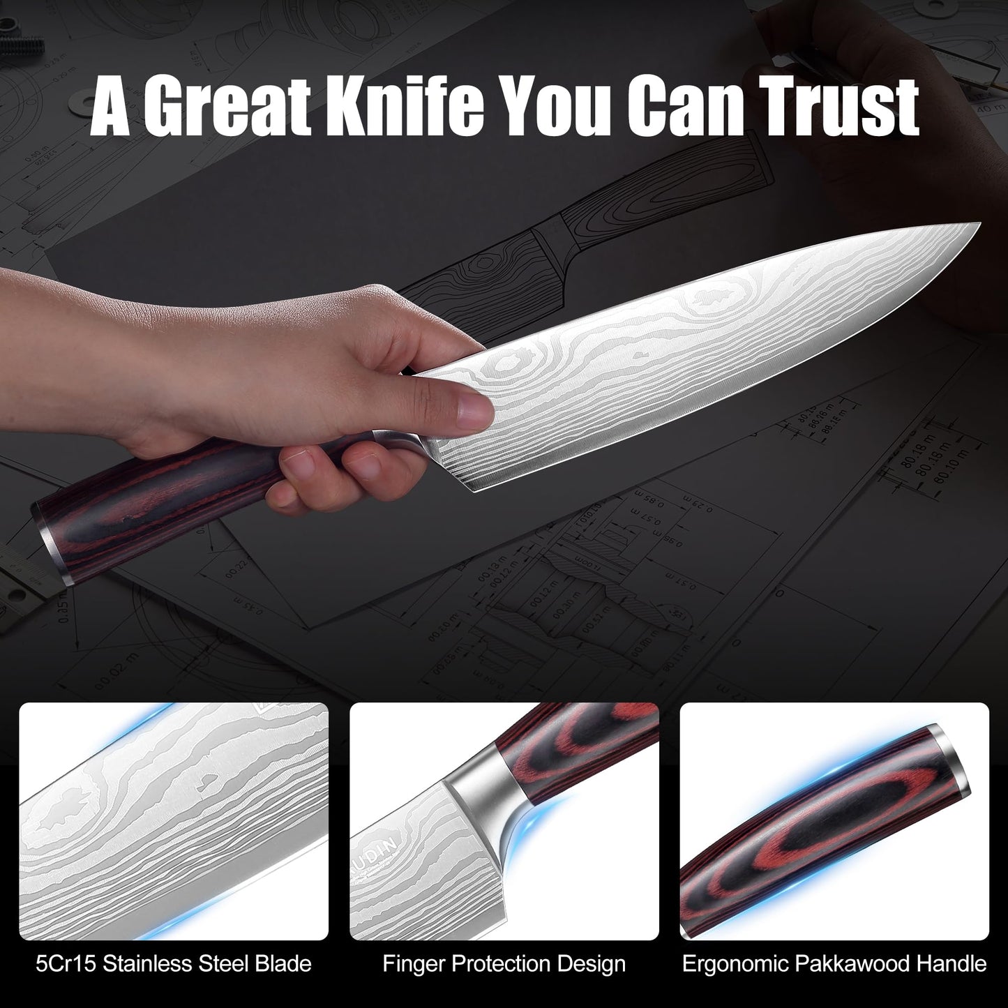Chef Knife 8 Inch High Carbon Stainless Steel Sharp Kitchen Knife with Ergonomic Handle