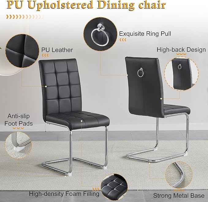 AF ARTISAN FURNITURE 5 Piece Round Glass Dining Table Set, Silver Glass Kitchen Table Set for 4 Modern Table Set with 4 Black PU Upholstered Dining Chairs, for Small Space, Breakfast Nook
