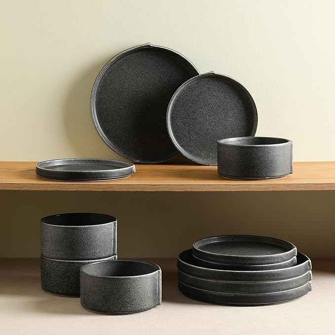 Stone Lain Bao Charcoal 24-Piece Stoneware Dinnerware Set – Service for 8, Round Dinner, Salad & Cereal Plates – Modern Textured Tableware for Everyday Dining & Entertaining