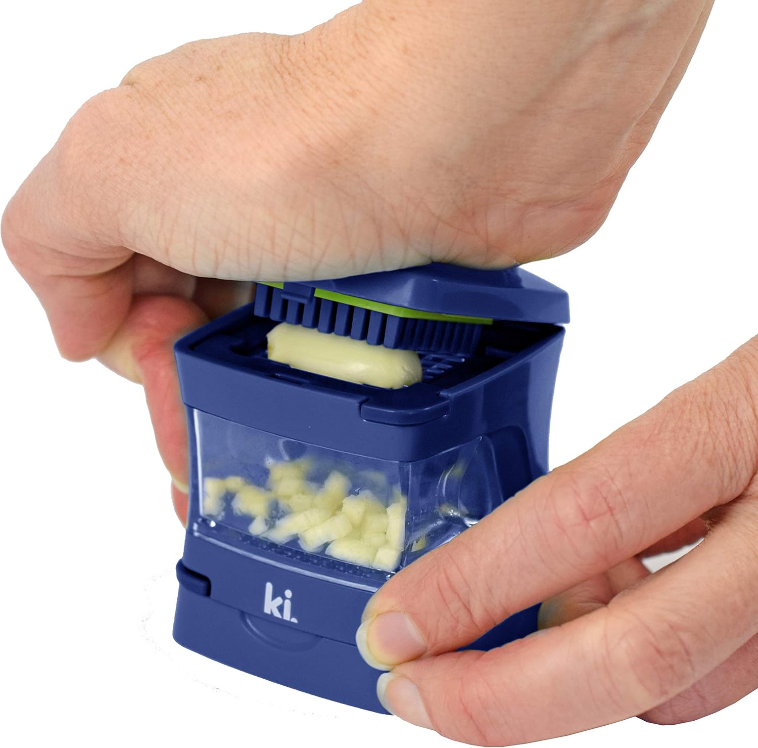 Garlic-A-Peel Garlic Press, Crusher, Cutter, Mincer, and Storage Container - Includes Silicone Garlic Peeler - Easy to Clean - Stainless Steel Blades – (Blue), standard - HomeSpice