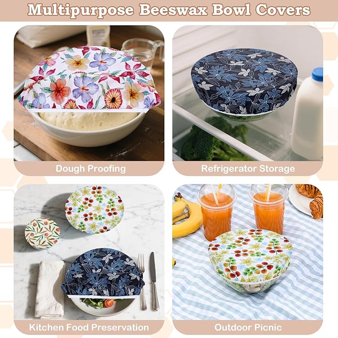 5-Size Reusable Beeswax Bowl Covers for Bread Proofing, Cotton Cloth Flexible Beeswax Wraps for Food Storage(Tomatoes)