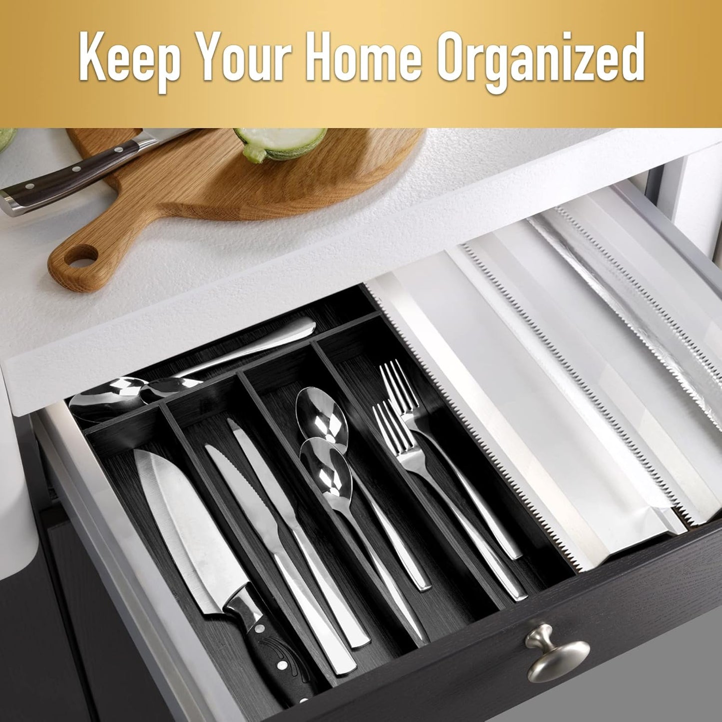 Bamboo Silverware Holder - Drawer Organizer with 5 Slots (Black)
