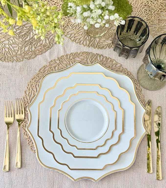 " OCCASIONS " 200 Piece set (25 Guests)-Wedding Plastic Plates & cutlery -Disposable heavyweight Dinnerware 10.5'', 8'' + Silverware + Cups + Napkins (Imperial White & Gold)