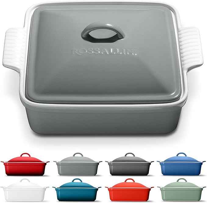 Stoneware Casserole Dish Bakeware with Lid | Covered Square Dinnerware | Medium 2 Quart, [Modern Grey]