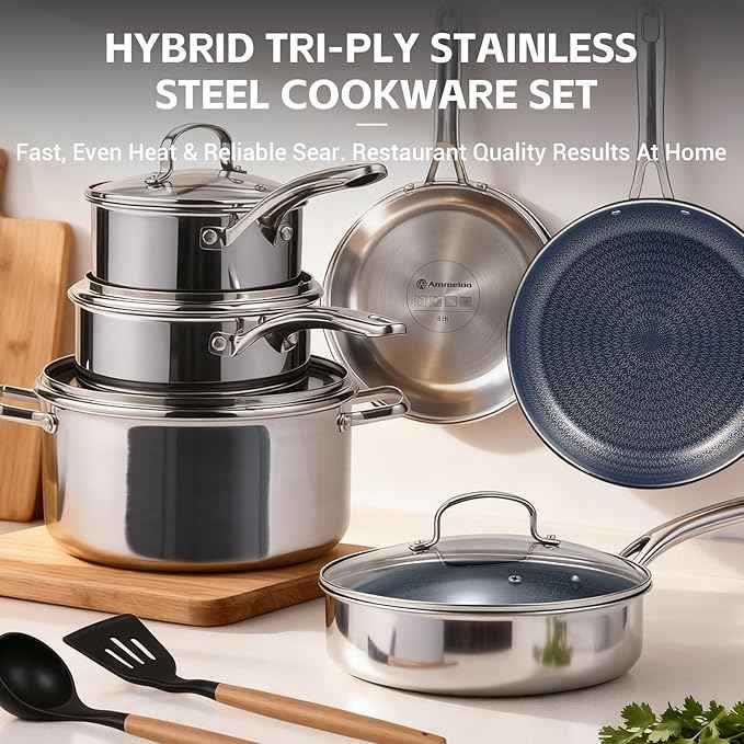 Ammeloo Hybrid Stainless Steel Cookware Set, 17-Piece Tri-Ply Pots and Pans Set Non Stick, Induction Kitchen Cookware Sets, Dishwasher & Oven Safe, PFOA Free, All Cooktops Compatible, Navy Blue