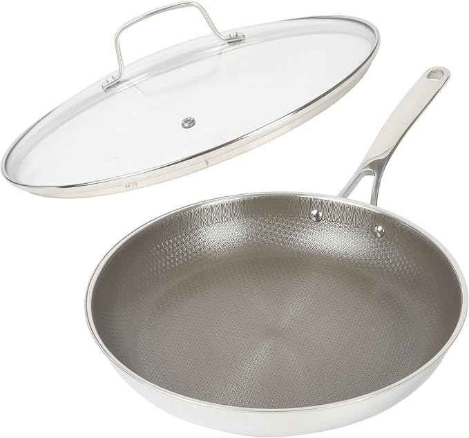 Martha Stewart Badgley Hybrid Nonstick 12 Inch TriPly Stainless Steel Large Fry Pan With Lid & Stay Cool Handle - Laser Etched Non-Toxic Perfect Sear Nonstick Skillet - Dishwasher and Induction Safe