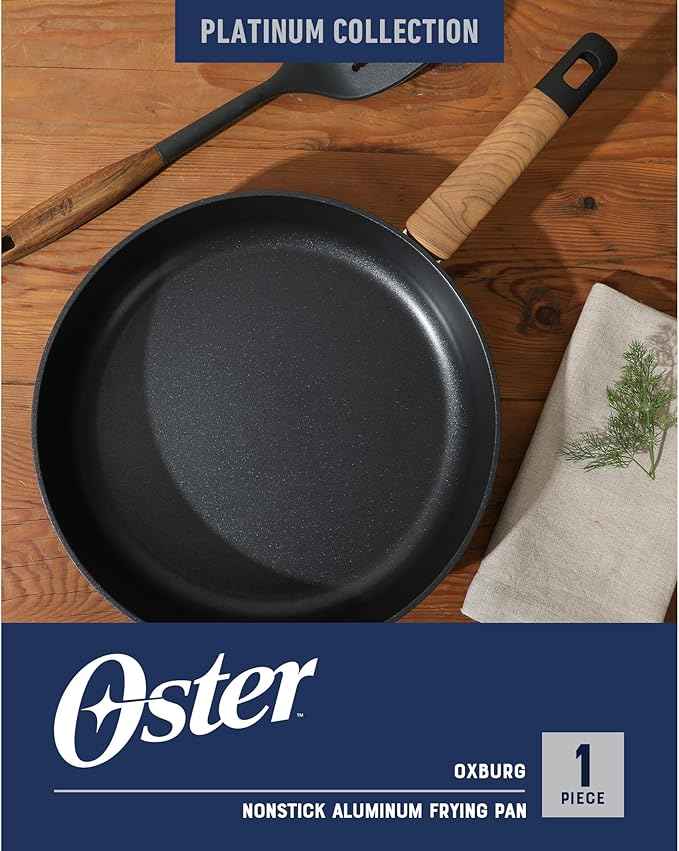 Oster Platinum Oxburg 10 Inch Frying Pan Forged Aluminum PFA Free Non-toxic Premium Ceramic Non Stick Interior Skillet, Kitchen Egg Pan, Omelet Pan - Black w/Wood Handles
