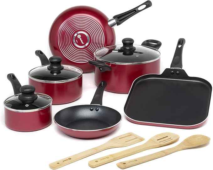 Ecolution Easy Clean Nonstick Cookware Set, Dishwasher Safe Kitchen Pots and Pans Set, Comfort Grip Handle, Even Heating, Ultimate Food Release, 12-Piece, Red