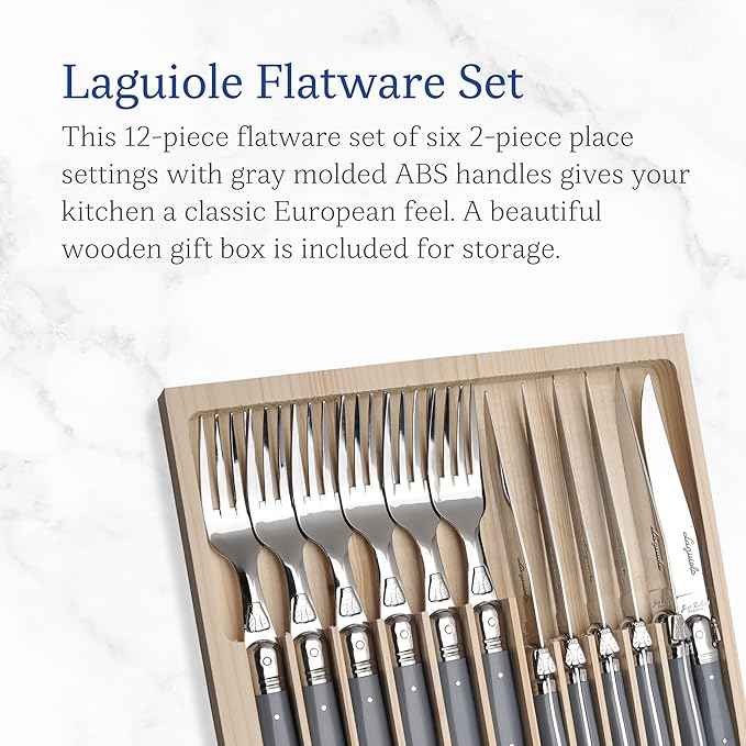 Jean Dubost Laguiole 12-Piece Flatware Set, Gray Handles - Rust-Resistant Stainless Steel - Includes Wooden Tray - Made in France
