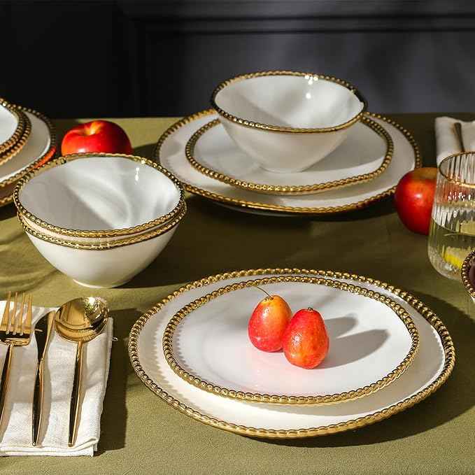 Christian Siriano Akoya Porcelain Dinnerware Set, 24-Piece - Dish Set for 8, Plates and Bowls Set, White and Gold