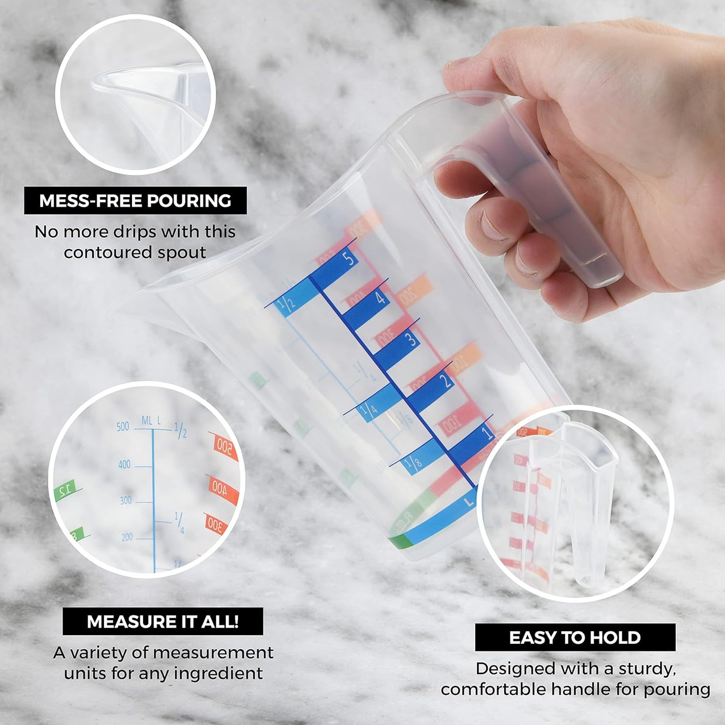 Tribello Measuring Cup Set 1 Cup and 1 Quart Plastic, With Easy To Read Measurements - BPA Free - 16oz & 32oz Liquid Measuring Cup - Spout Top for Pouring