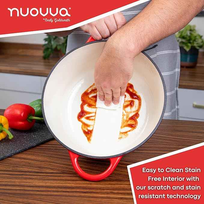 Cast Iron Dutch Oven with Lid – Non-Stick Ovenproof Enamelled Casserole Pot – Sturdy Dutch Oven Cookware – Red, 7.3-Quart, 30cm – by Nuovva