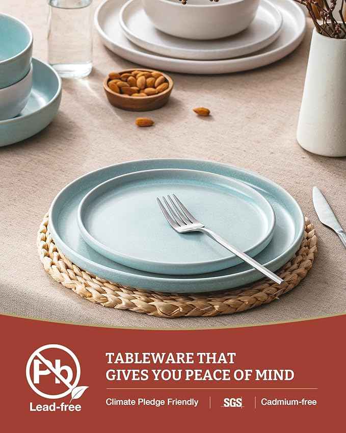 Famiware Milkyway Plates and Bowls Sets, 12 Pieces Dinnerware Sets, Reactive Glaze Dish Set, Stoneware Dishes Set for 4, Matte Beige White & Light Blue