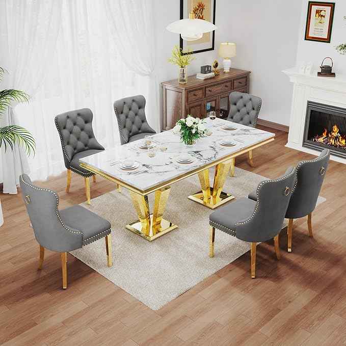 7 Piece Luxury Dining Room Set, Modern Dining Table and Upholstered Chairs Set, Marble Kitchen Table Set for 6, Big Kitchen Dinner Tables Kit with Silver Base