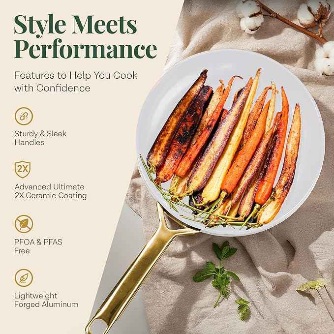 Gotham Steel Modern 11 Pc Ceramic Cookware Set, Elegantly Designed Pots and Pans Set Non Stick with Steamer, Induction Bottom, Premium Stay Cool Handles, Non Toxic PFOA Free, Oven & Dishwasher Safe