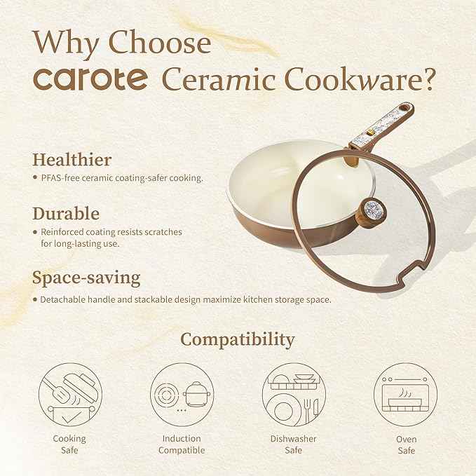 CAROTE 25-Piece Ceramic Cookware Set, Nonstick Pots and Pans Set with Detachable Handle, Non-Toxic Kitchen Cooking Set, Dishwasher & Oven Safe, Induction Compatible, PFAS Free, Chocolate