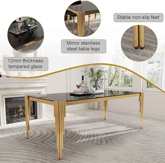 78'' Modern Glass Dining Table for 6-8 People,Black Tempered Glass Top Dining Room Table with Stainless Steel Base, Glass and Gold Dining Table for 6, Rectangle Dining Kitchen Table for Dinner