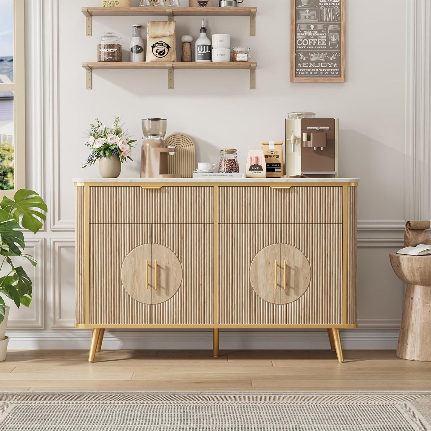 47.2" Buffet Storage Cabinet, Modern Fluted Coffee Bar Station with 2 Drawers & Adjustable Shelves, Kitchen Sideboard Buffet for Dining Room, Living Room, Hallway, Natural Oak