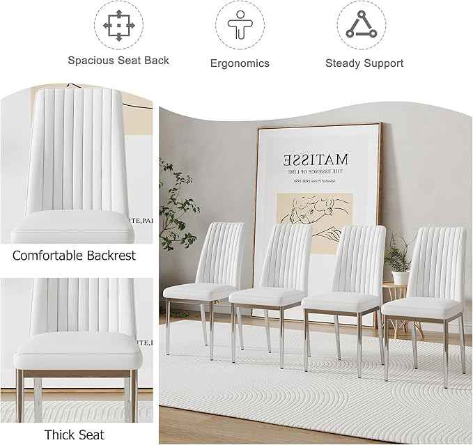 White Modern Dining Chairs Set of 6 PU Leather Armless Upholstered Chair for Dinner Room, Waiting Room