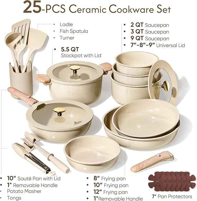 CAROTE 25PCS Ceramic Cookware Set, Pots and Pans set Non Stick, RV Kitchen Cooking Set Removable Handles, Oven Safe, Induction Cookware, Non-toxic Kitchen Cooking Set, PFAS and PFOA Free