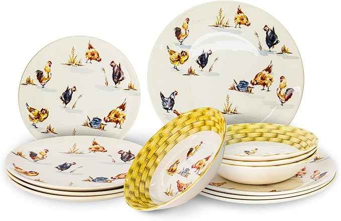Tudor 16-Piece Premium Quality Round Porcelain Dinnerware Set, Service for 4 - Country Farmyard, See 10 Designs INSIDE!