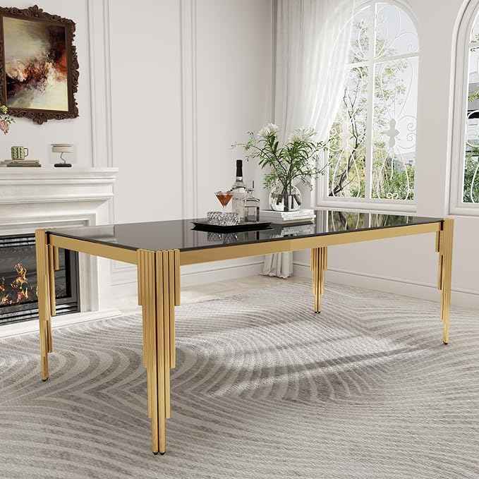 78'' Modern Glass Dining Table for 6-8 People,Black Tempered Glass Top Dining Room Table with Stainless Steel Base, Glass and Gold Dining Table for 6, Rectangle Dining Kitchen Table for Dinner