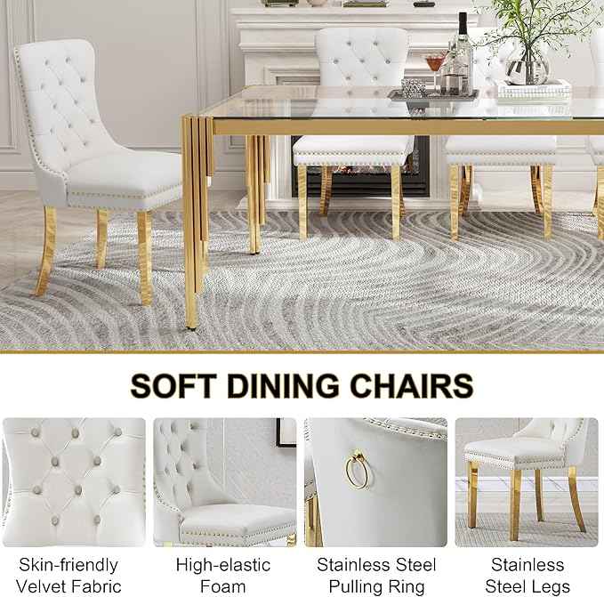 78'' Modern Glass Dining Table for 6-8 People,Tempered Glass Top Dining Room Table with Stainless Steel Base, Glass and Gold Dining Table for 6, Rectangle Dining Kitchen Table for Dinner