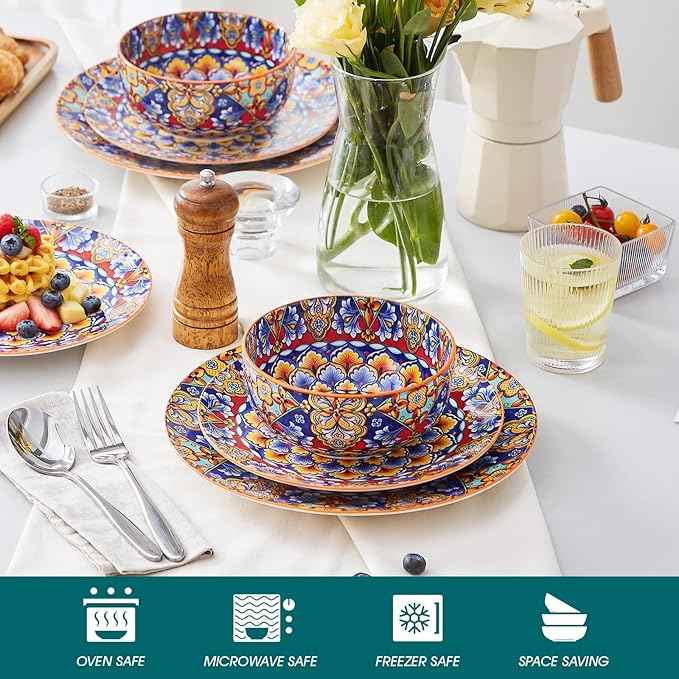 vancasso 12 Pieces Dinnerware Sets, Orange Plates and Bowls Set, Porcelain Dishes Set for 4, Microwave and Dishwasher Safe, Scratch Resistant, Bohemian Style Dining Ware Service for 4, Series SIMI