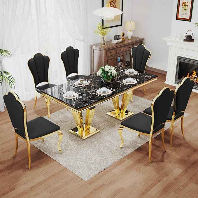AF ARTISAN FURNITURE 7 Piece Luxury Dining Room Set, Modern Dining Table and Upholstered Chairs Set, Marble Kitchen Table Set for 6, Big Kitchen Dinner Tables Kit with Gold Base