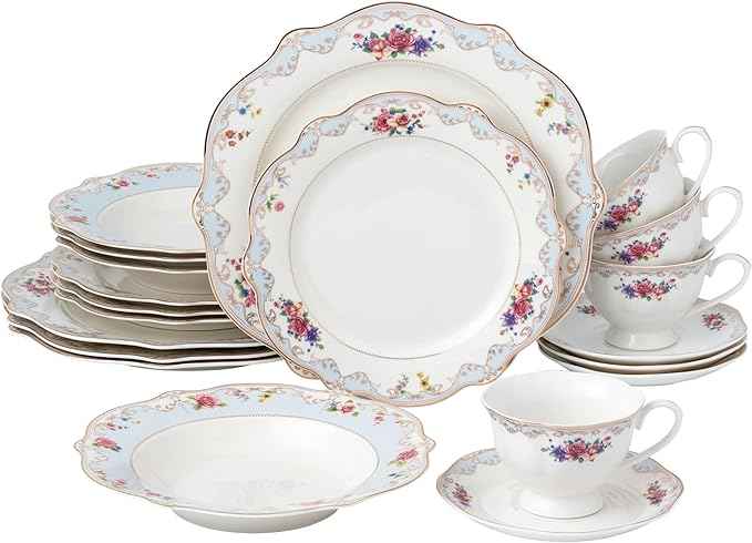 Joseph Sedgh Collection "Romantic Bloom" 20-Piece Bone China Dinnerware Set, Service for 4, Floral with Blue and Gold Trim