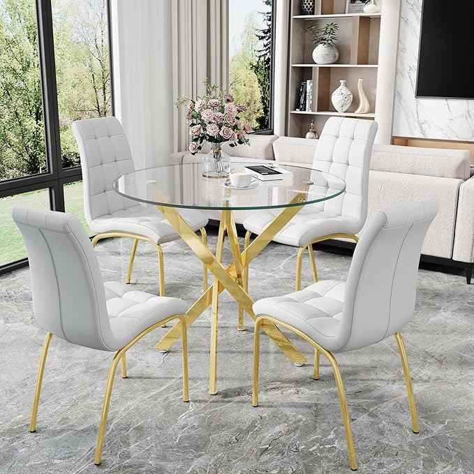 5 Piece Round Glass Dining Table Set, Round Tempered Glass Kitchen Tables Set for 4, Modern Table Set with 4 High-Back Upholstered Chairs for Kitchen Dining Room (Gold Legs, 4 White Chairs)