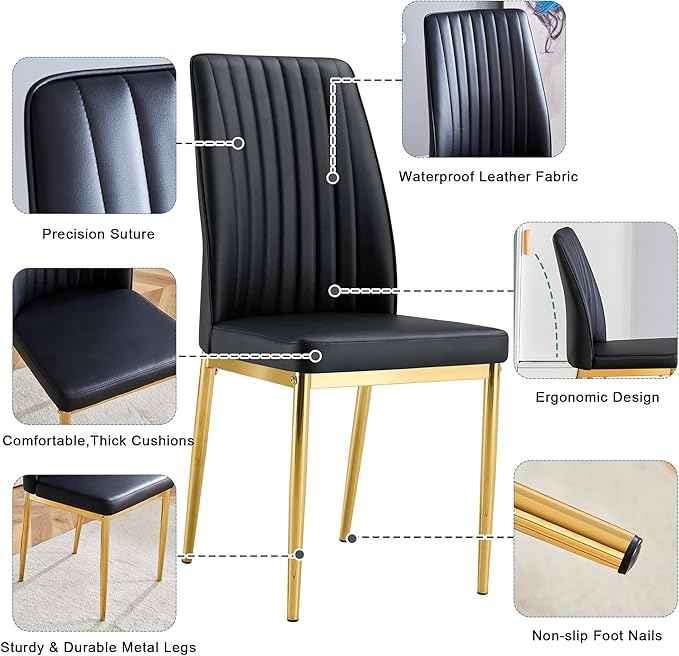 Black Dining Chairs Set of 4 Modern Kitchen Chairs PU Leather Chair with Metal Legs Armless Upholstered Chair for Dinner Room, Office, Waiting Room(Set of 4, Black Golden)