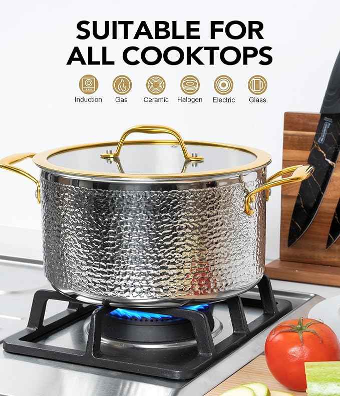 Michelangelo Triply Stainless Steel Pots and Pans Set, 10-Piece Hammered Stainless Steel Cookware Set with Golden Handle, Premium Induction Kitchen Cookware, Oven Safe