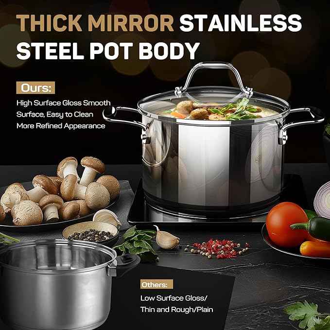 11-Piece Stainless Steel Pots and Pans Set Non Stick, Tri-Ply Stainless Steel Cookware Set, Induction Kitchen Cookware Sets with Steamer Insert & Stay-Cool Handles, Dishwasher, Oven Safe