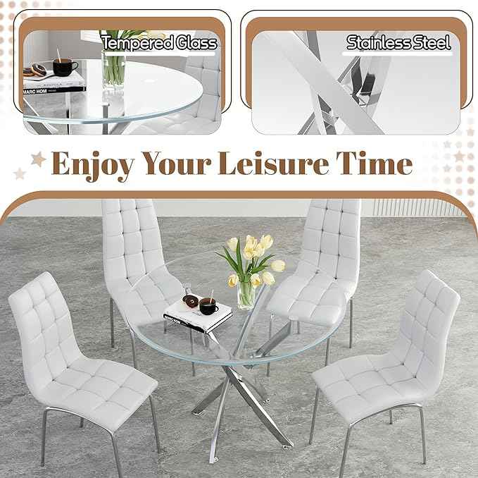 5 Piece Round Glass Dining Table Set, Round Tempered Glass Kitchen Table Set for 4, Modern Table Set with 4 High-Back Upholstered Chairs for Kitchen Dining Room (Silver Legs, 4 White Chairs)