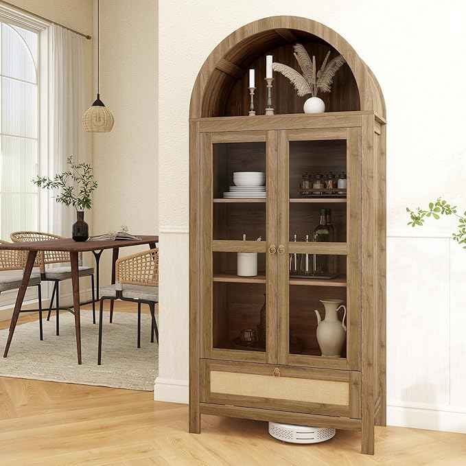 TYBOATLE 71" Tall Arched Pantry Cabinet with Innovative Drawer, Kitchen Cabinet with Anti-Tipping Device and Glass Door, Versatile Cupboard for Kitchen, Dining, Natrual