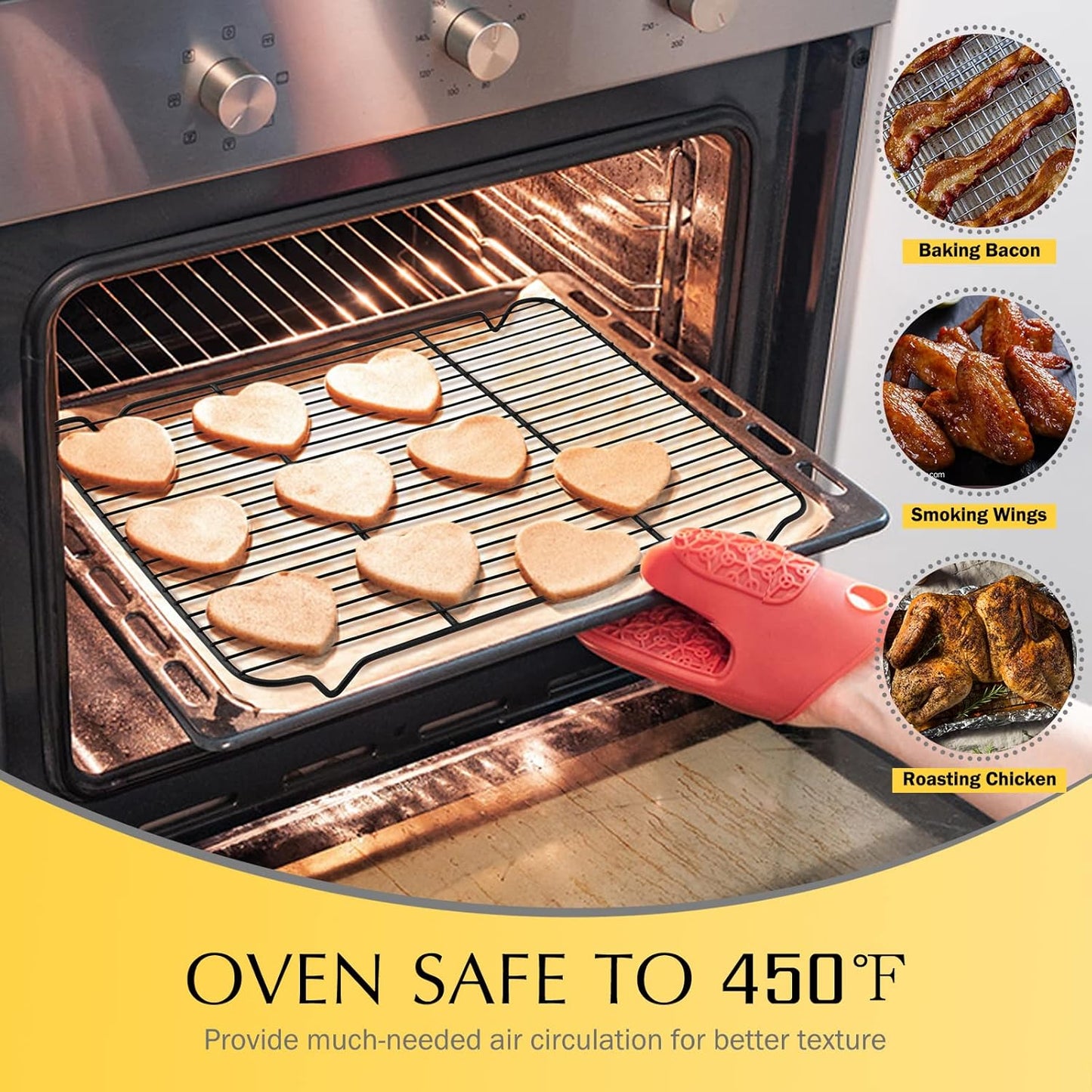 Cooling Rack Set of 2, E-far 1/2 Sheet Baking Racks for Oven Cooking Roasting Grilling, Non-stick 16.4” x 11.4” Wire Rack for Cookie Cake Bacon Meat Resting, Non-toxic & Easy to Clean