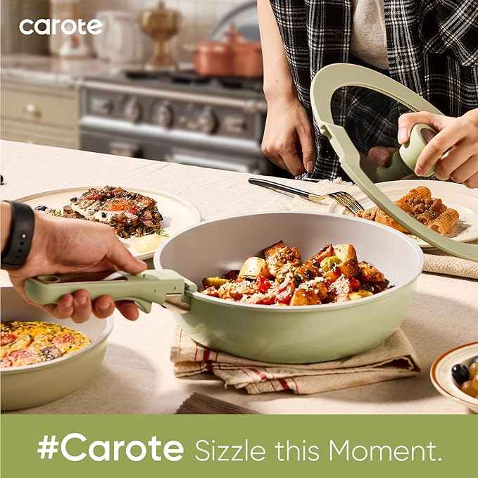 CAROTE 27pcs Ceramic Cookware Set Nonstick, Pots and Pans Set Non Stick, Non Toxic Cookware Detachable Handles, Dishwasher/Oven Safe, RV/Camping Cookware, Pan and Pot with Kitchen Utensils, Green