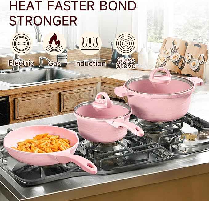 JEETEE Pink Pots and Pans Set Nonstick 23pcs, Healthy Kitchen Cookware Sets, Induction Cooking Set Pink Frying Pans, Saucepans, Sauté & Griddle & Crepe Pan (PFOA Free)