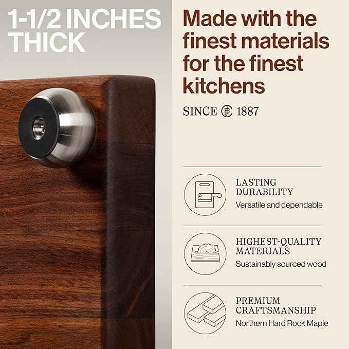 John Boos B Series Square Wooden Walnut Cutting Board 12”x12” – 1.5” Thick, 5-lb Non-Reversible Butcher Block with Stainless Steel Bun Feet & Edge-Grain