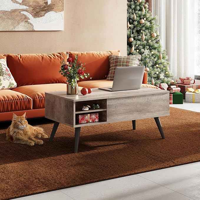 WLIVE Lift Top Coffee Table for Living Room,Small Coffee Table with Storage, Adjustable Shelf and Storage Compartment, Mid Century Modern Living Room Table, Greige
