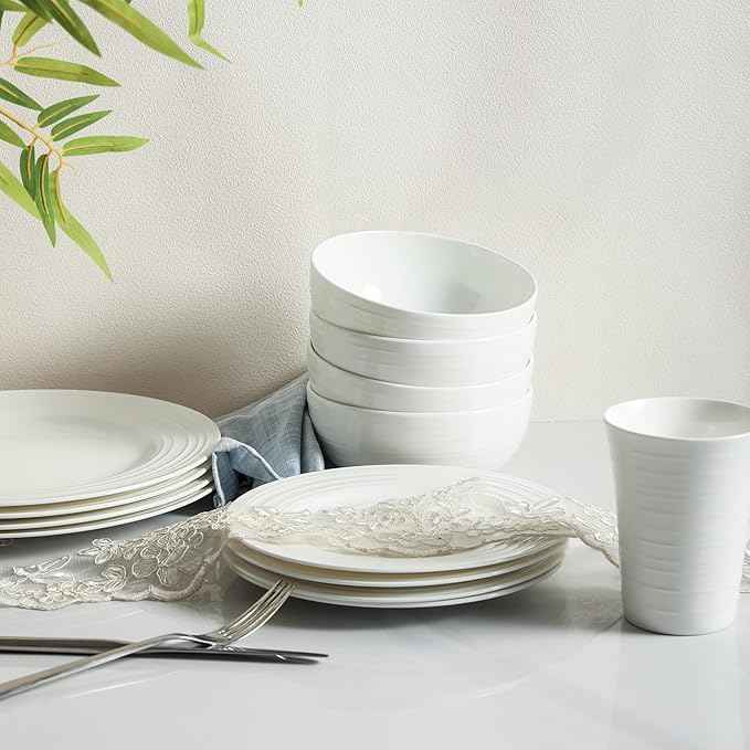 Stone lain Bone China Round Swirl Design 32 Piece Dinnerware Set, White