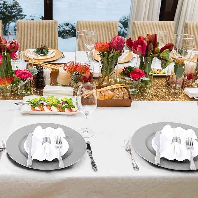Tanlade 50 Pcs 13 Inch Charger Plates Bulk Round Wedding Chargers Plastic Dinner Plates for Table Setting Wedding Party Decoration (Silver White)