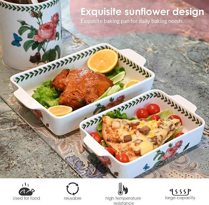 ACMLIFE Ceramic Casserole Dish Set, Ceramic Baking Dish for Oven, Casserole Dish Bakeware Set, Casserole Dishes for Oven, Lasagna Pan, Large Baking Dishes with Handles, Microwave, Dishwasher Safe, Gift Packaging Floral 2 Pcs Set(13"x8"+10.3"x6.3") (Rose)