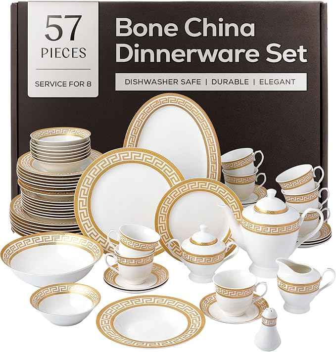 Joseph Sedgh Collection 57-Piece Bone China Dinnerware Set, Service for 8, White and Golden Greek Key