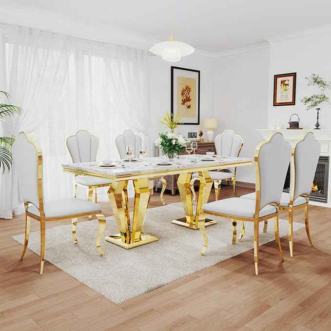 AF ARTISAN FURNITURE 7 Piece Luxury Dining Room Set, Modern Dining Table and Upholstered Chairs Set, Marble Kitchen Table Set for 6, Big Kitchen Dinner Tables Kit with Gold Base