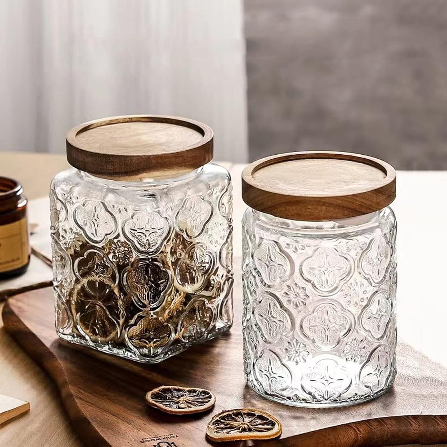Snminetal Vintage Glass Airtight Storage Jar Set of 4, With Airtight Wood Lid, Kitchen Food Storage Containers,for Kitchen Counter, Pantry, Tea, Sugar,Coffee,Food Storage Jar(Plum pattern)