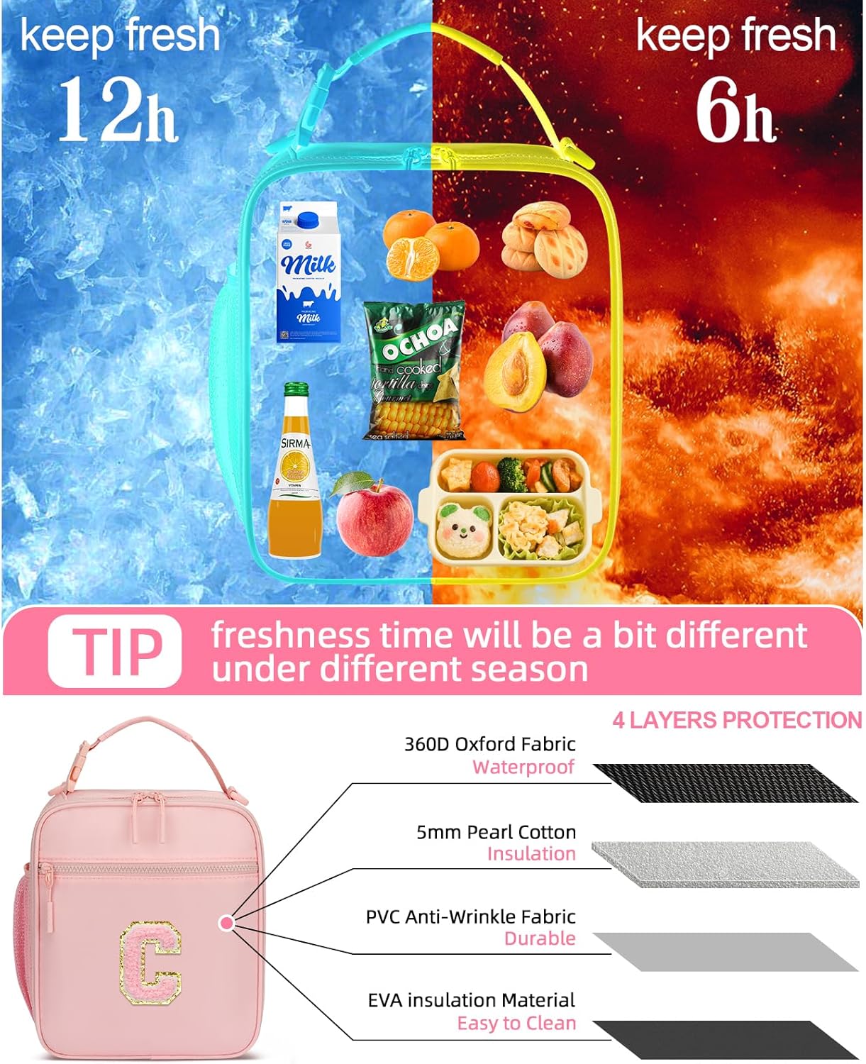 Initial Insulated Lunch Bag for Girls Kids, Back to School Gift, Reusable Leak-proof Lunch Box with Adjustable Strap for School Daycare Travel Picnic (Pink,C)