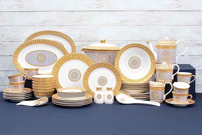 White and Gold Dinnerware Set - 58 Piece 'Mosaic' Dinner Set Luxury Bone China 24K Gold Inlays for Everyday use or Formal Occasions